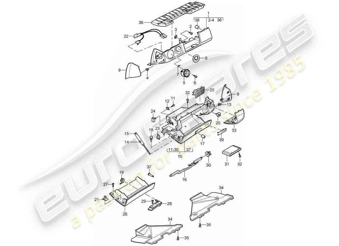 porsche 2006 (987 cayman) glove box part diagram
