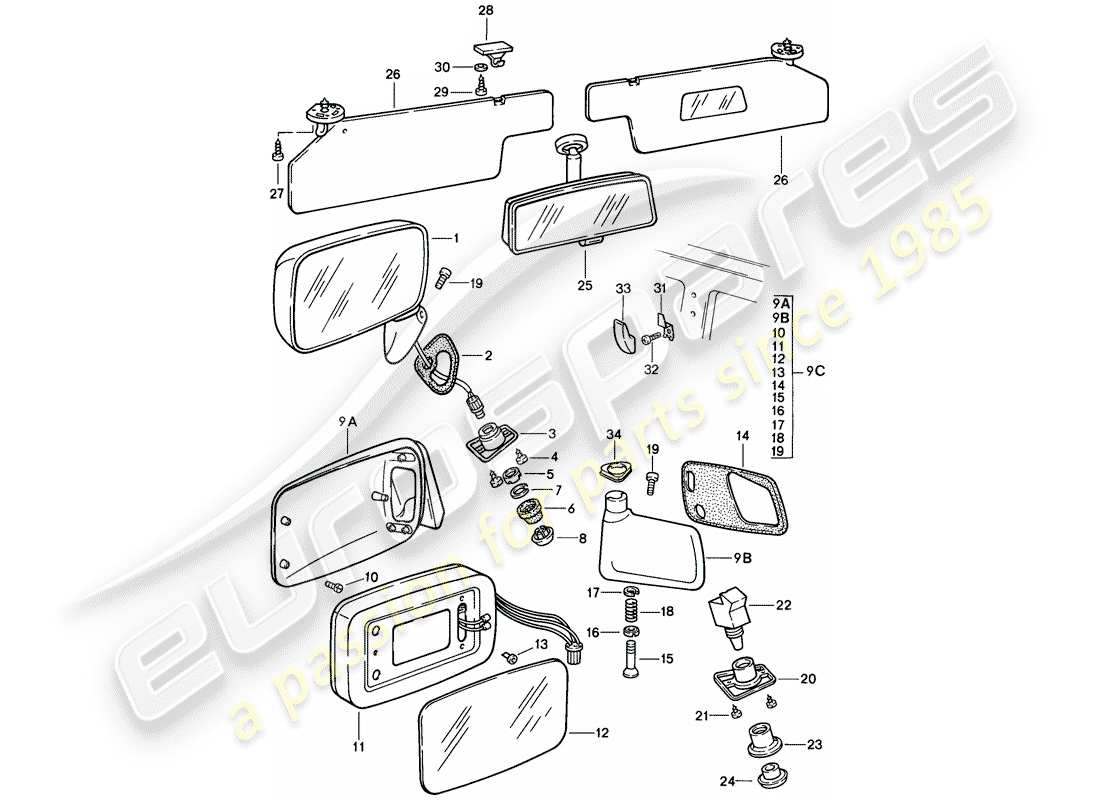 porsche 1987 (924s) rear-view mirror - sun vizor part diagram