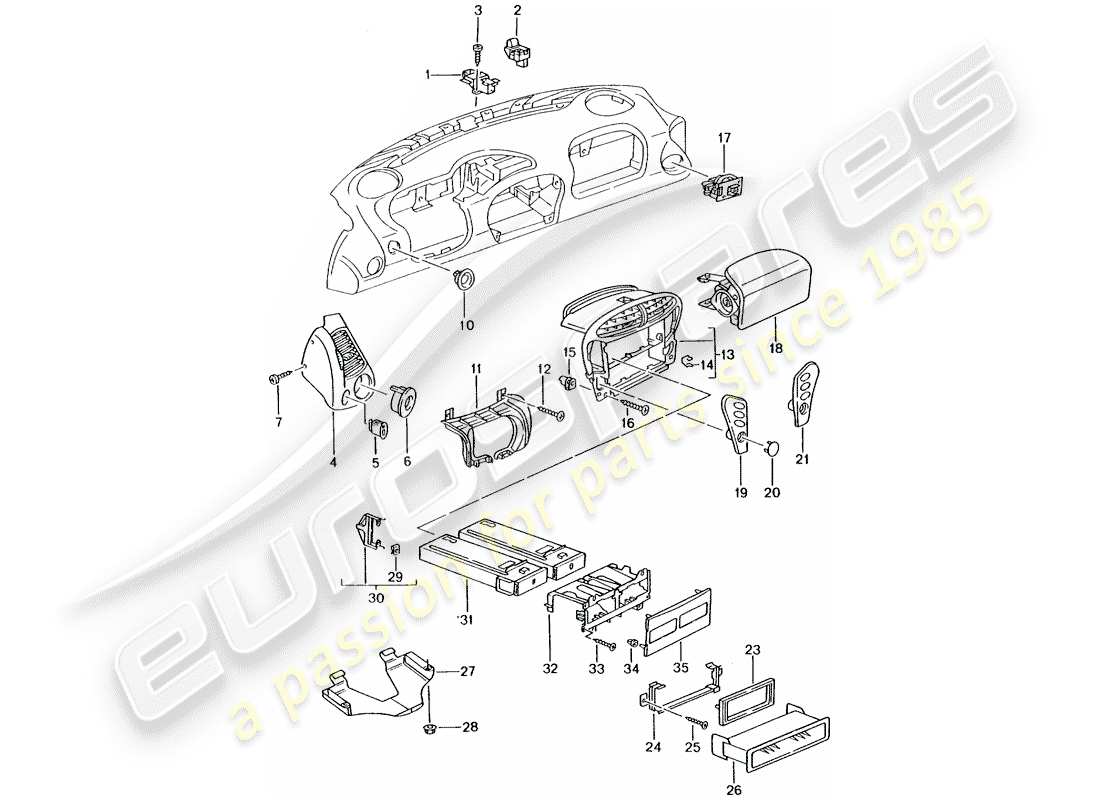 porsche 996 t/gt2 (2001) accessories - dash panel trim parts diagram