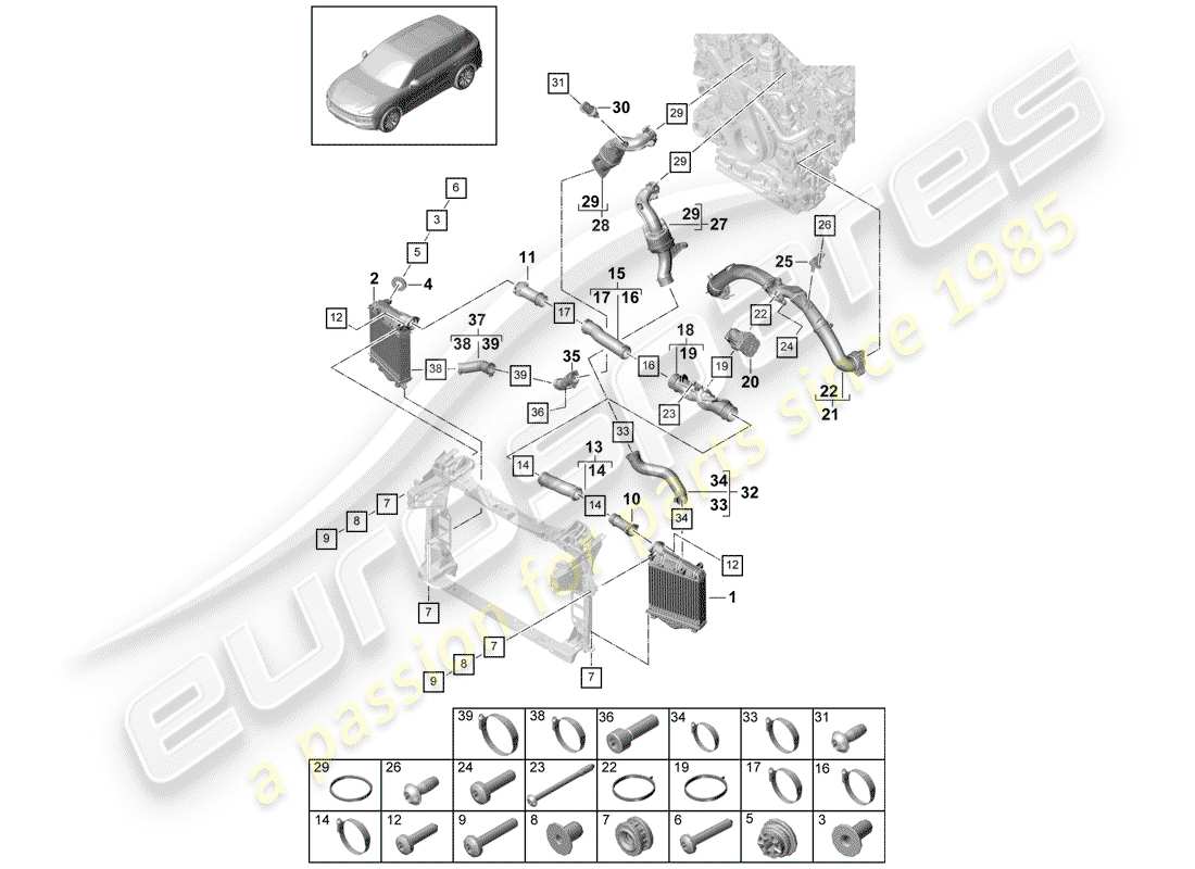 porsche 2020 (cayenne e3 9ya/9yb) charge air cooler part diagram
