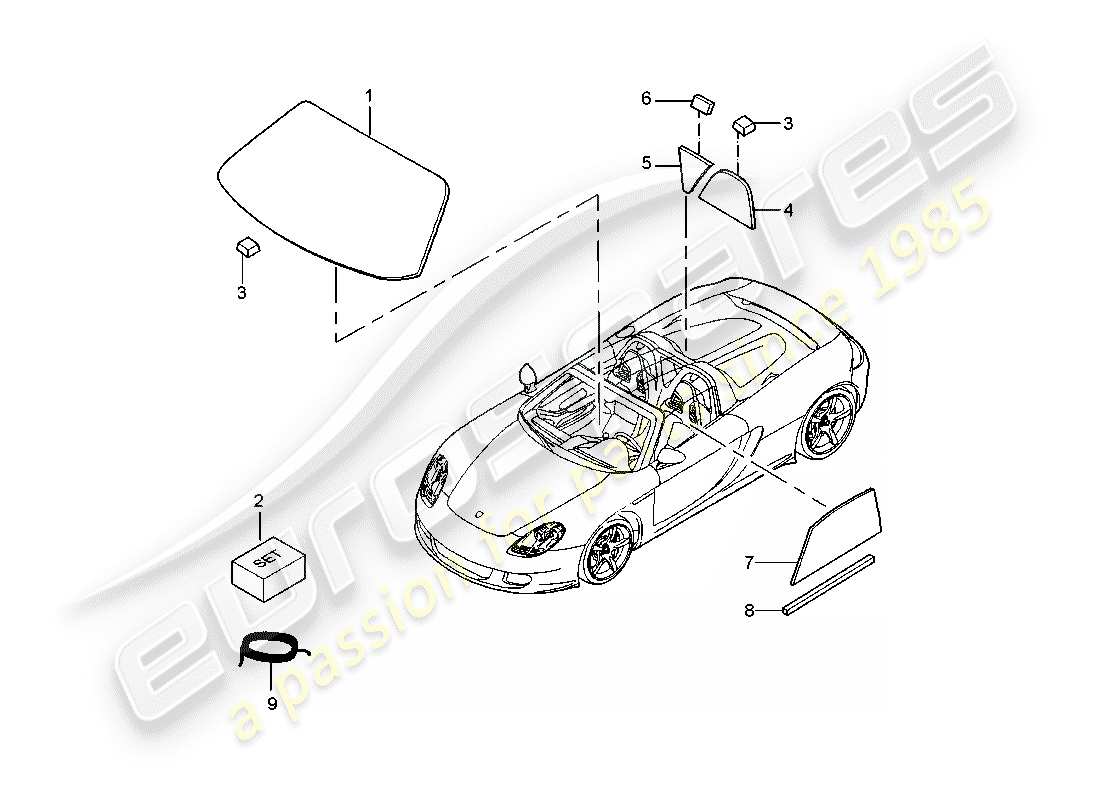 porsche 2006 (carrera gt) window glazing parts diagram