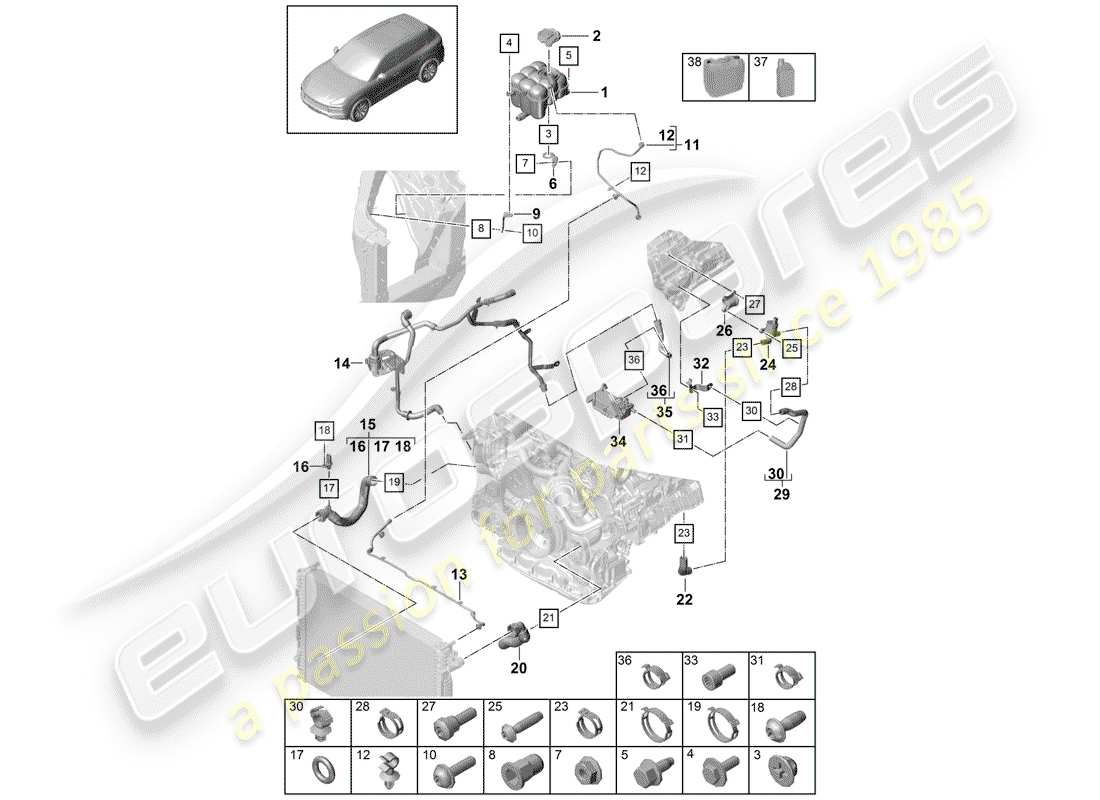 porsche 2019 (cayenne e3 9ya/9yb) water cooling part diagram