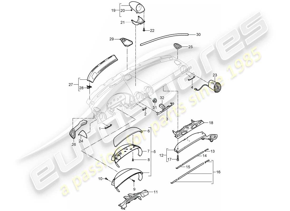 porsche 2007 (987 cayman) dash panel trim part diagram
