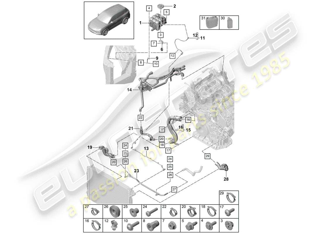 porsche 2018 (cayenne e3 9ya/9yb) water cooling part diagram