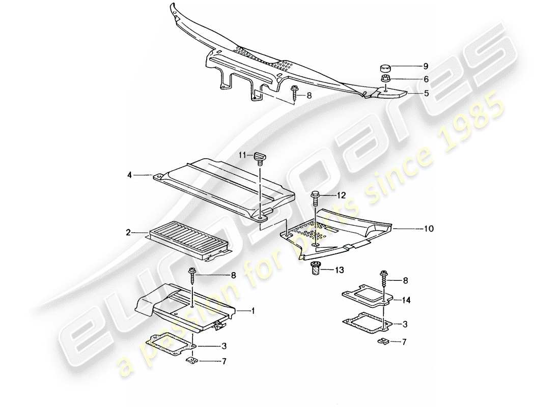 porsche boxster 986 (2003) dust and pollen filter element - covers - cowl part diagram