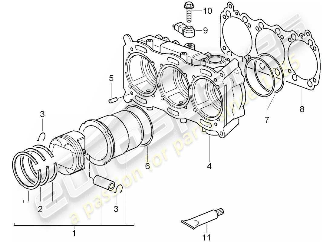 porsche 2007 (997-1 gt3) cylinder with pistons part diagram