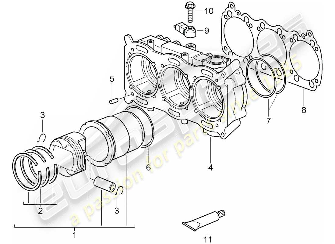 porsche 997 gt3 (2007) cylinder with pistons part diagram