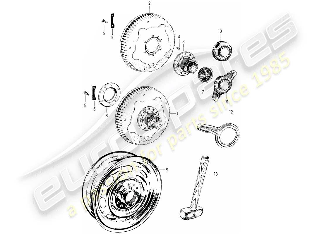porsche 1956 (356/356a) perforated disc wheel - central locking parts diagram