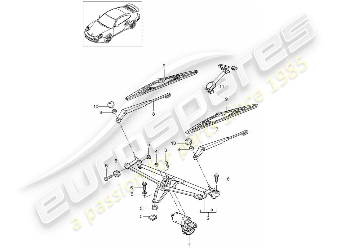 porsche 911 t/gt2rs (2012) windshield wiper system compl. part diagram