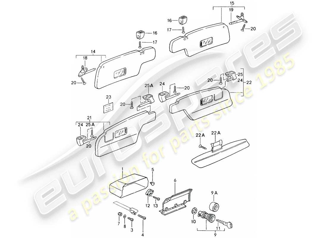 porsche 1991 (964) glove box - for cars without - airbag - sun vizors part diagram