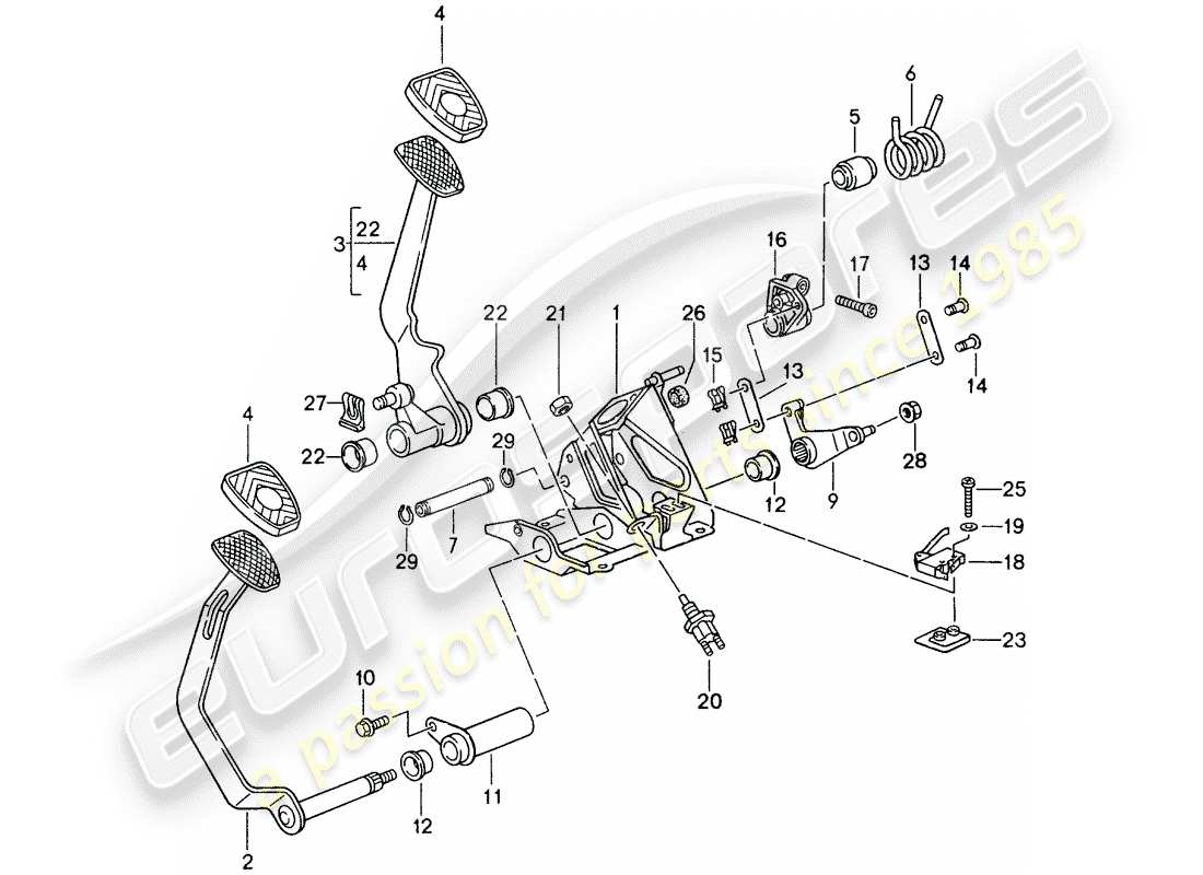 porsche 993 (1994) pedals - manual gearbox parts diagram