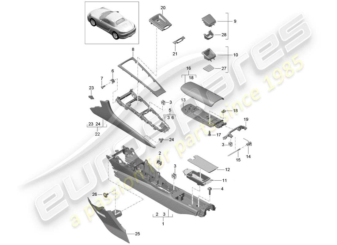 porsche 718 boxster (2019) center console parts diagram