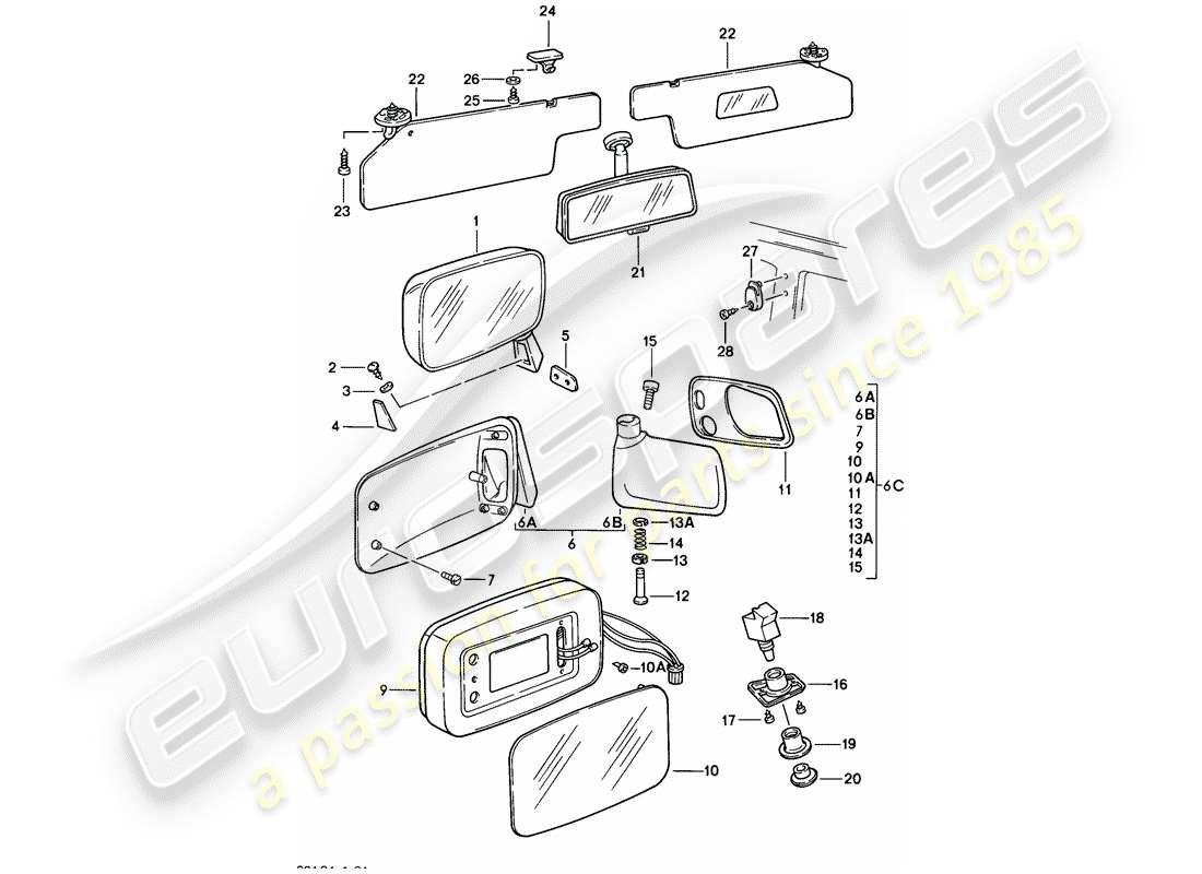 porsche 1978 (924) rear view mirror - rear view mirror inner - sun vizor part diagram