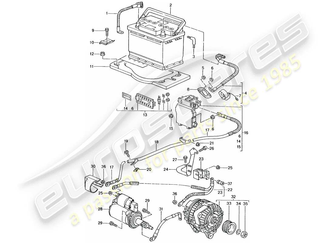 porsche 2003 (996 gt3) battery - junction box - starter - alternator - main battery switch part diagram