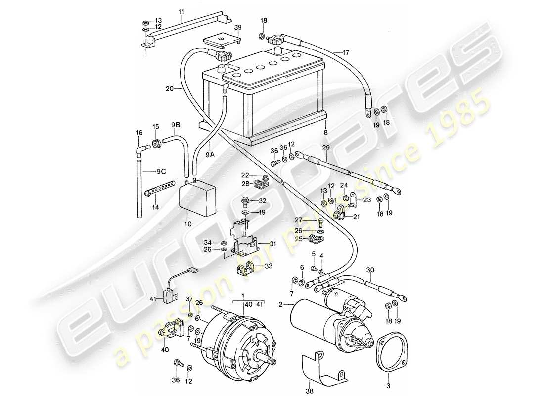 porsche 1988 (959) alternator - starter - battery parts diagram