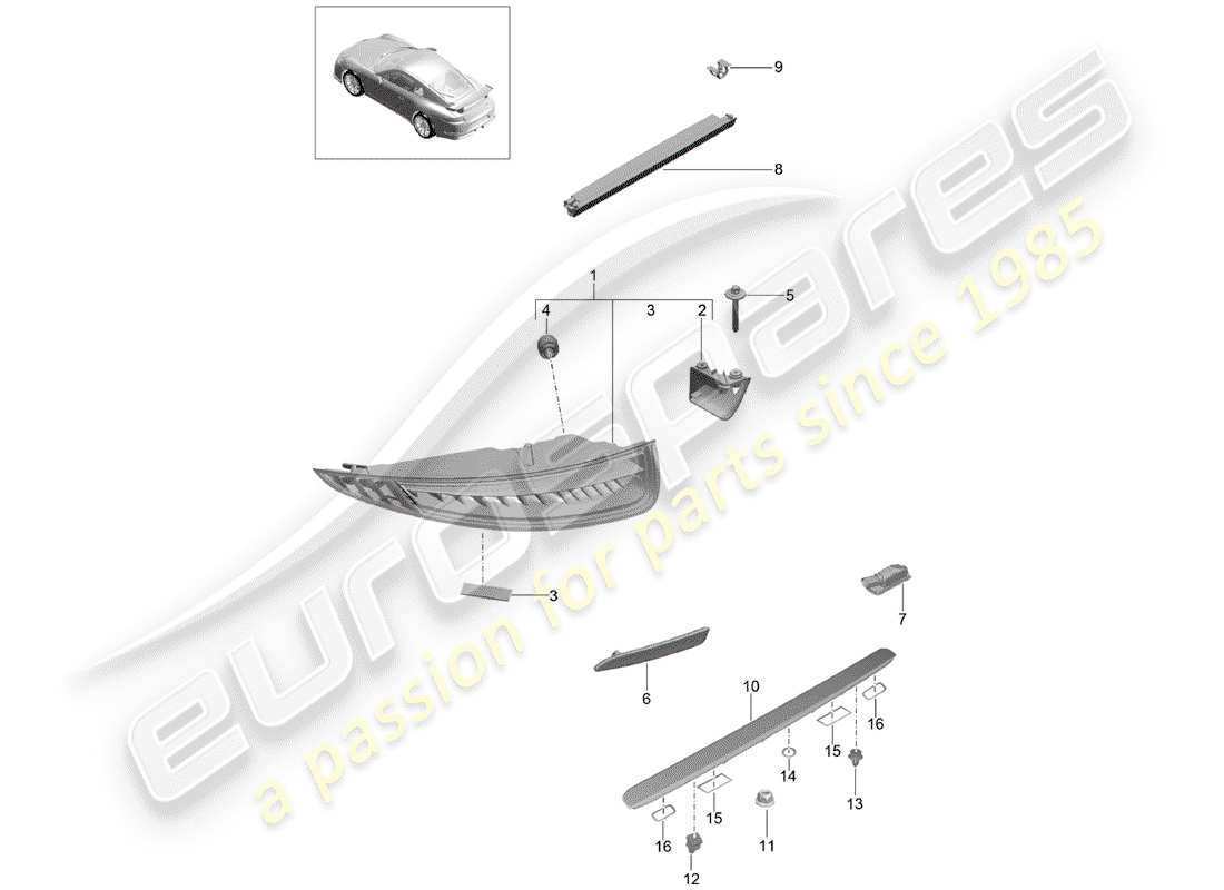 porsche 991r/gt3/rs (2017) rear light parts diagram