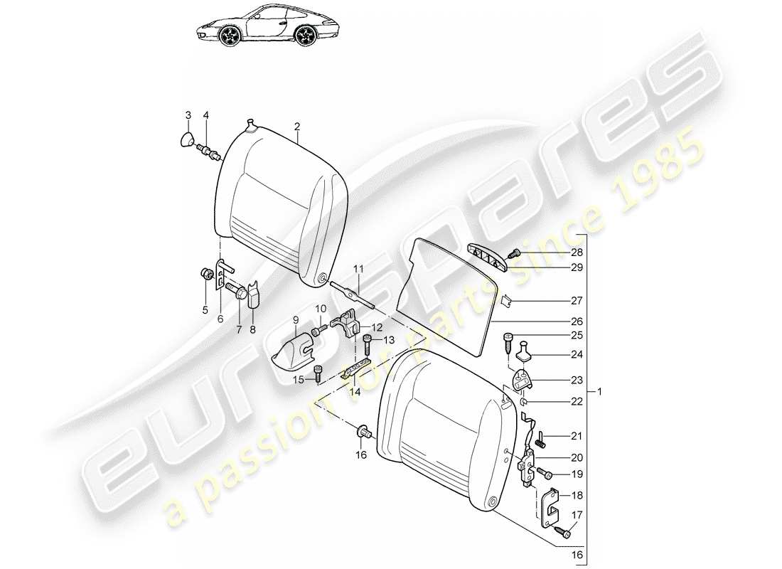 porsche 996 (2000) emergency seat backrest parts diagram