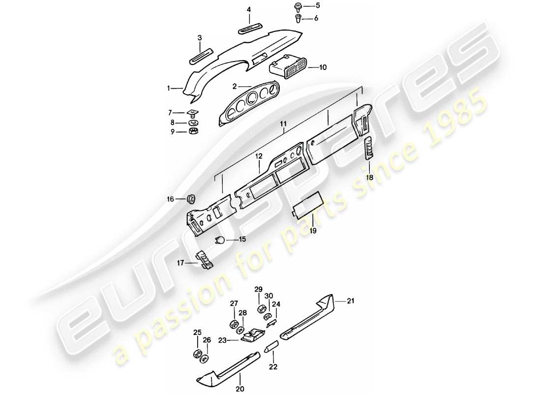 porsche 1979 (911) dashboard - with installation parts parts diagram