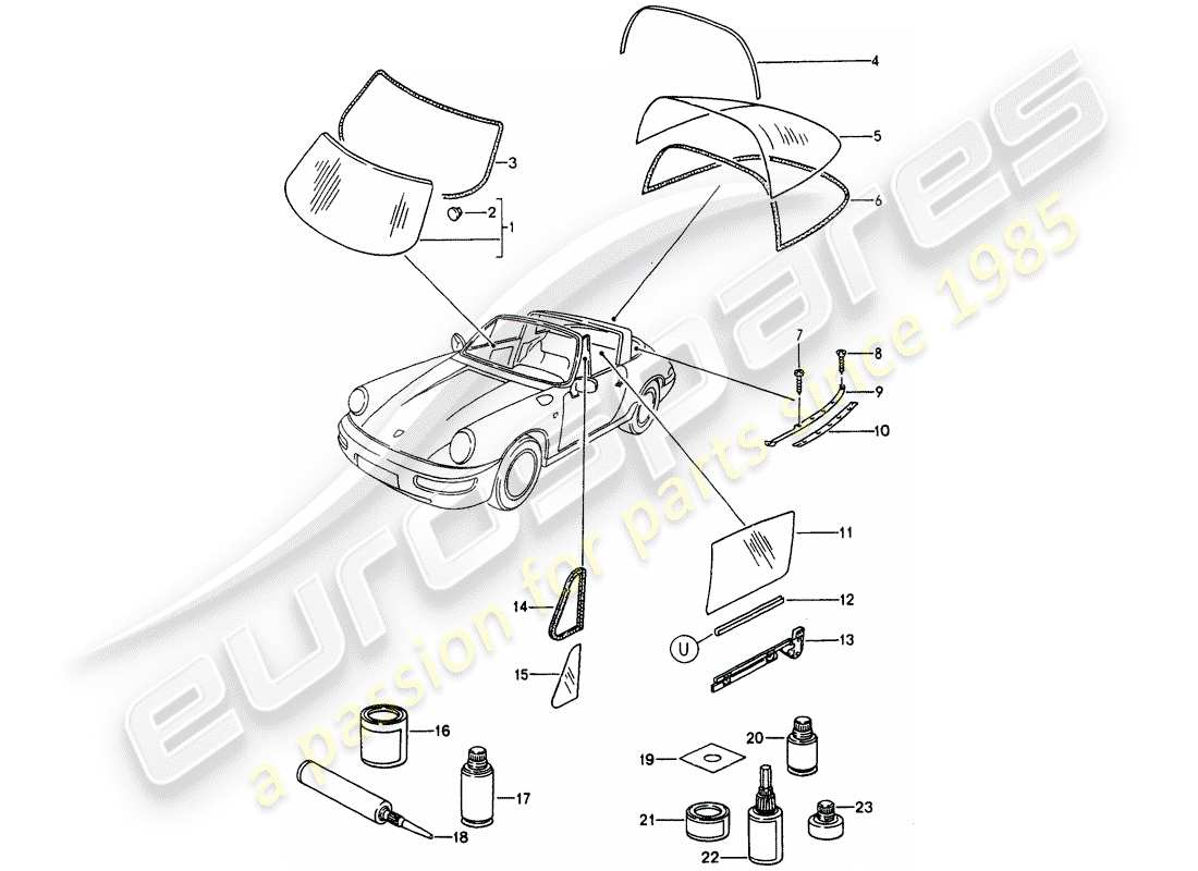 porsche 1990 (964) window glazing part diagram