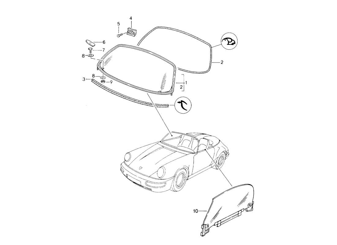 porsche 1994 (964) window glazing part diagram