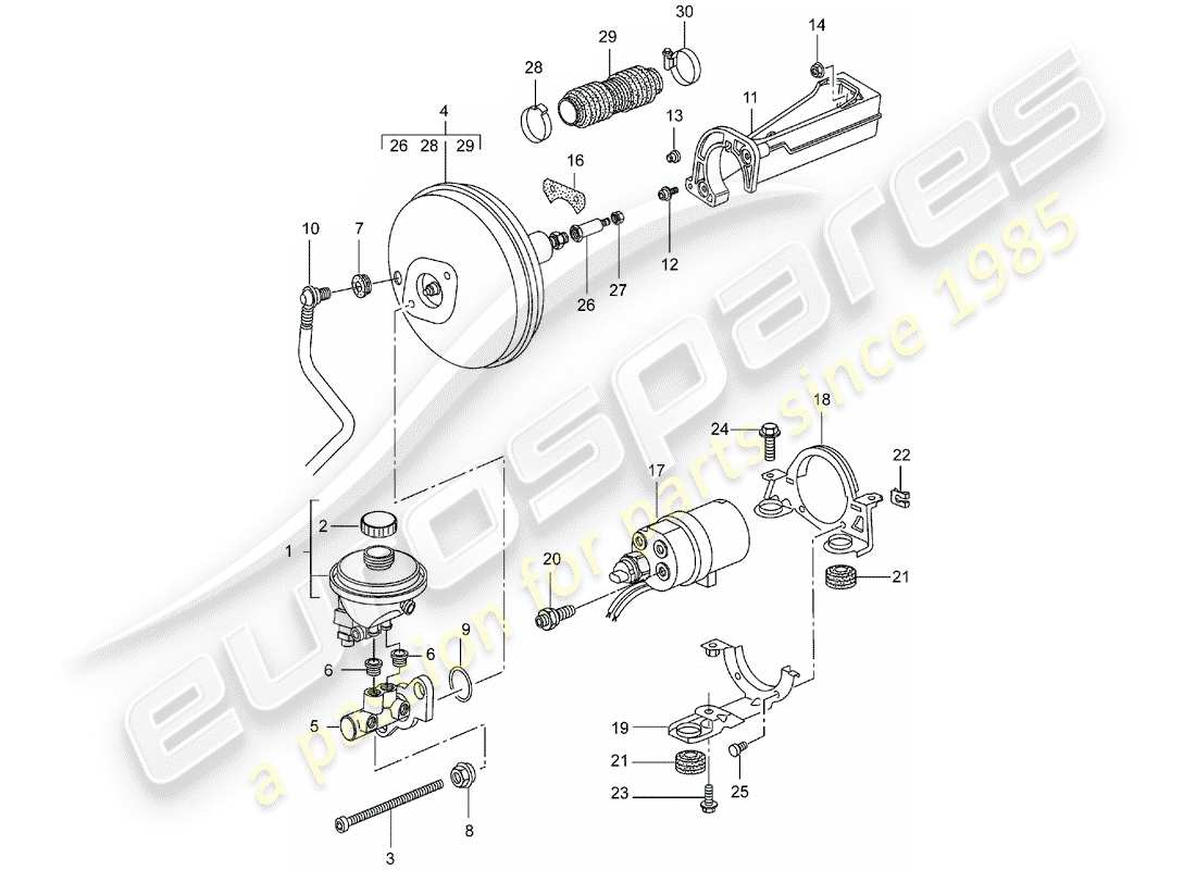 porsche 996 t/gt2 (2002) brake master cylinder - brake booster - clutch pump parts diagram