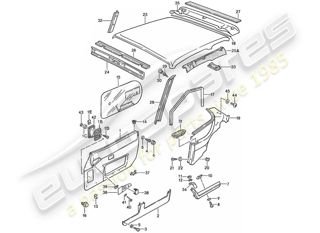 porsche 1990 (944) door panel - roof trim panel part diagram