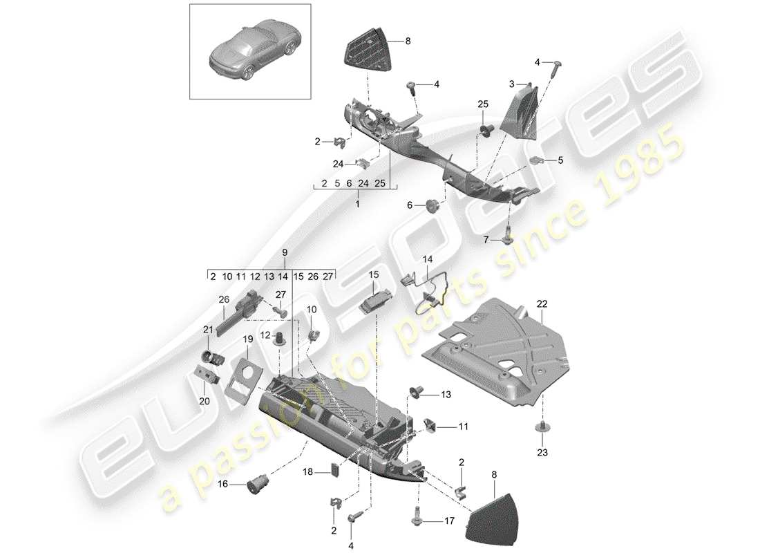 porsche boxster 981 (2012) glove box part diagram