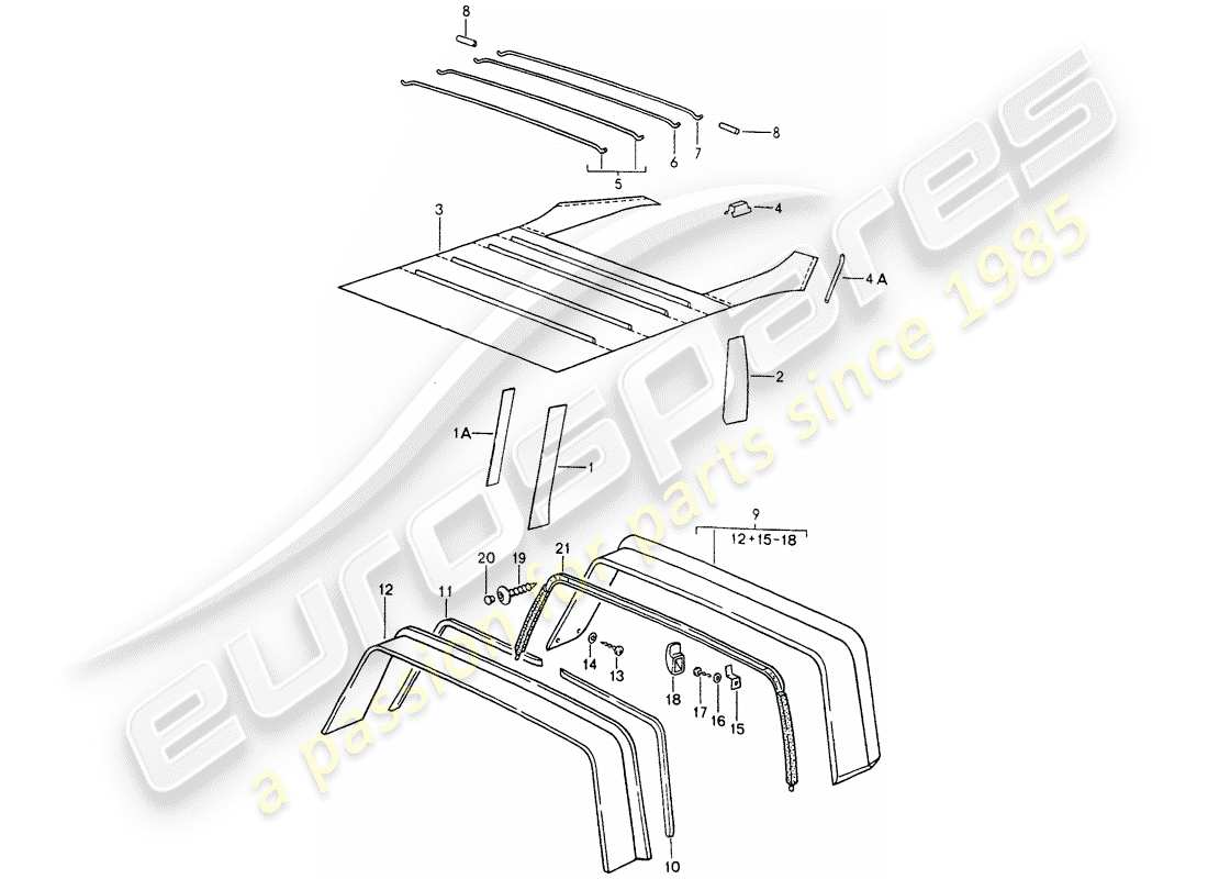porsche 1990 (964) interior equipment - roof - roll bar part diagram