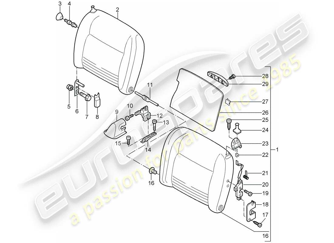 porsche 2005 (996 turbo / gt2) emergency seat backrest part diagram