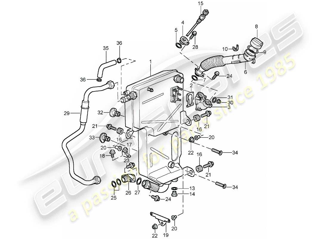 porsche 996 t/gt2 (2001) engine lubrication - oil tank parts diagram