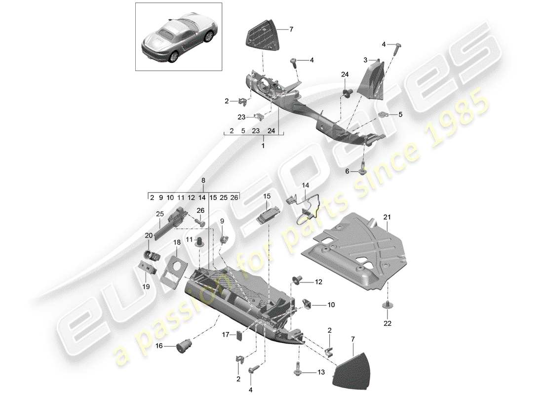 porsche 718 boxster (2019) glove box parts diagram