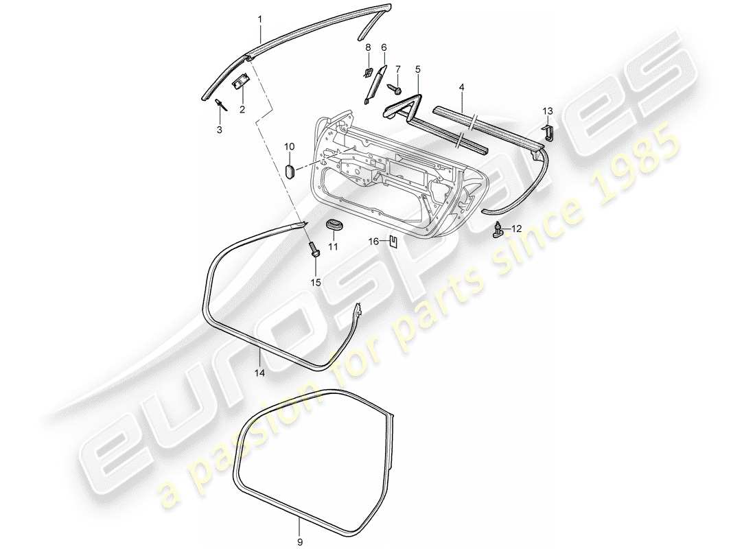 porsche 2001 (996 turbo / gt2) door seal - gasket - windshield frame part diagram