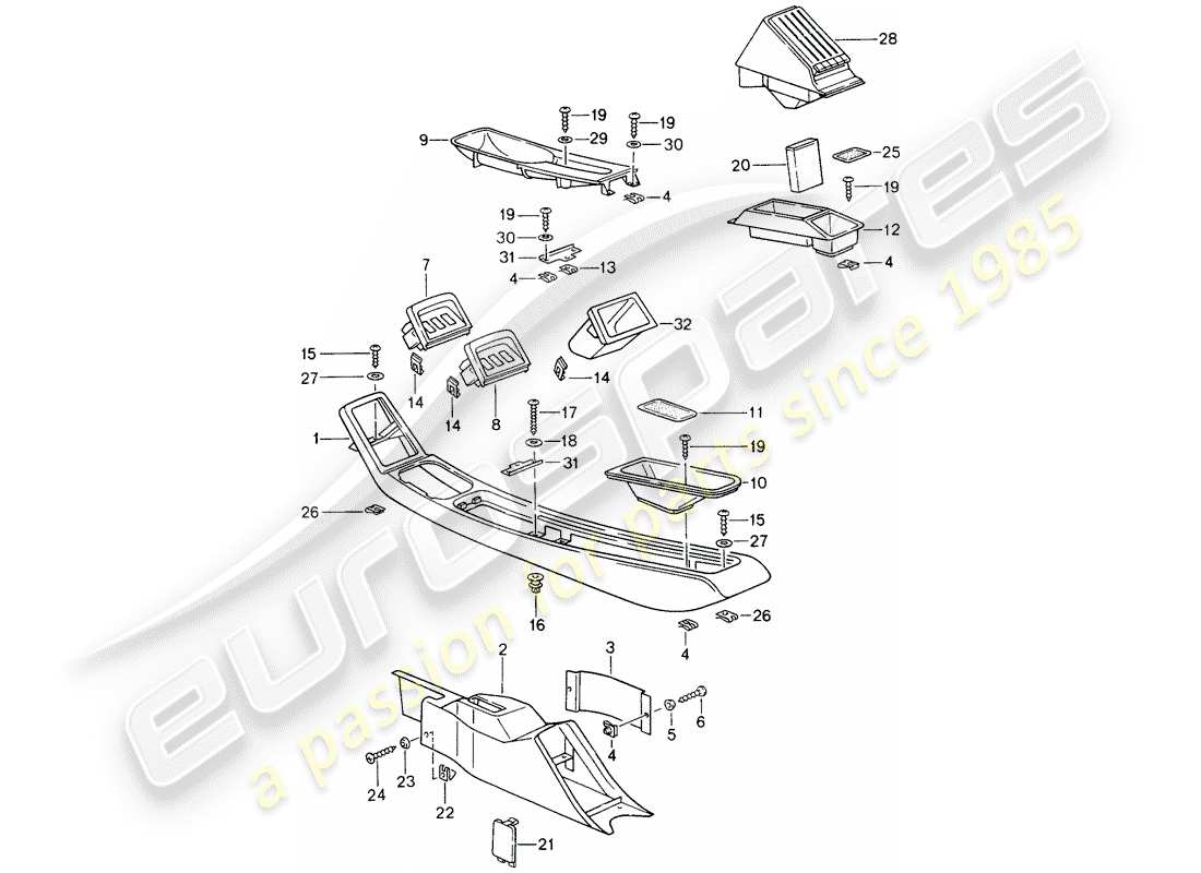 porsche 1994 (993) center console part diagram