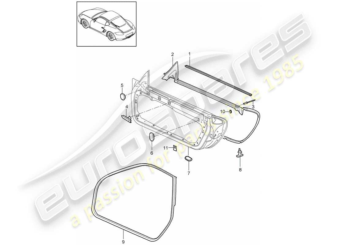 porsche 2009 (987 cayman) door seal part diagram