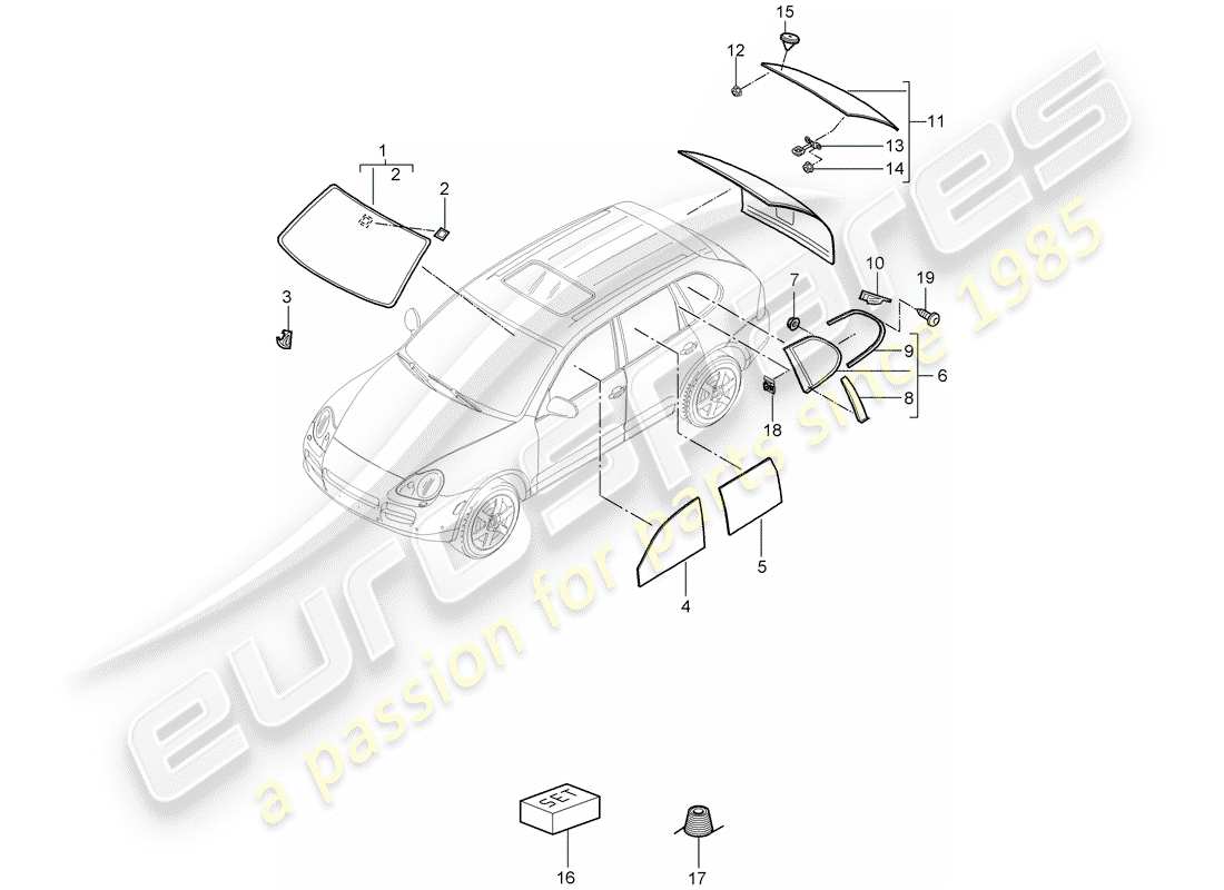 porsche 2007 (cayenne e1 9pa) window glazing part diagram