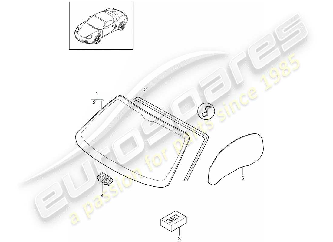 porsche 2009 (987 boxster) window glazing part diagram