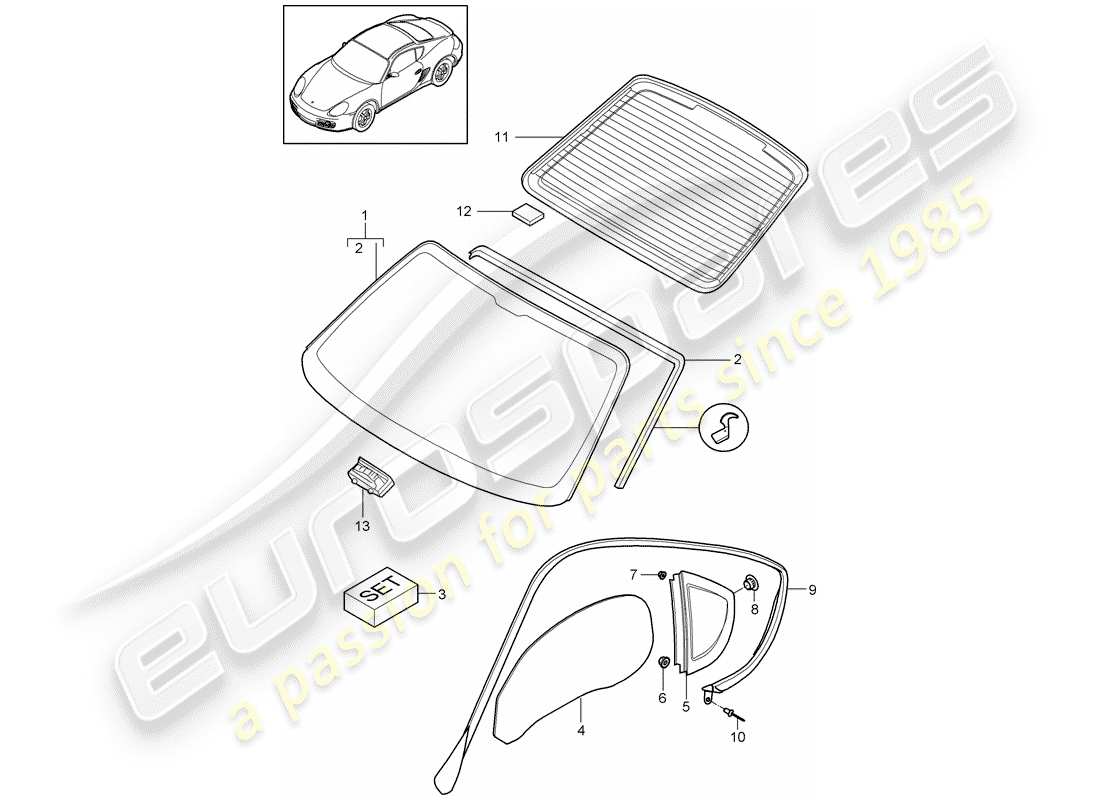porsche 2010 (987 cayman) window glazing part diagram