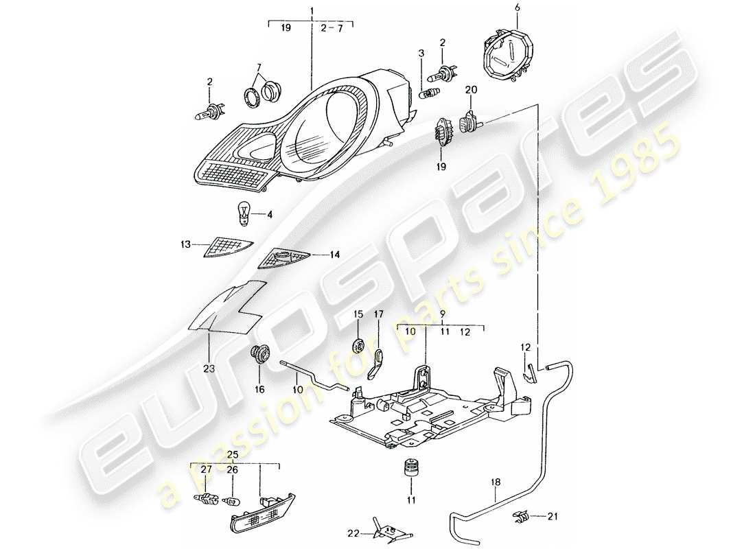 porsche boxster 986 (1999) headlamp - turn signal repeater part diagram