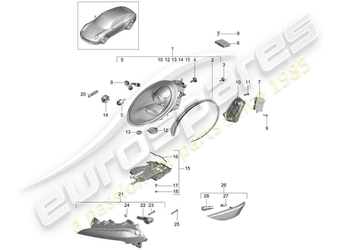 porsche 2014 (991-1) headlamp part diagram