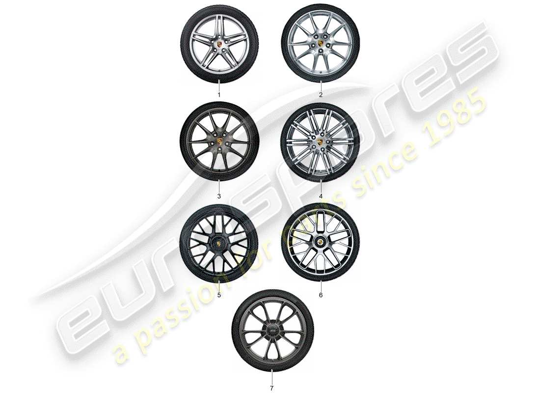 porsche tequipment 98x/99x (2020) 1 set aluminium rims with part diagram