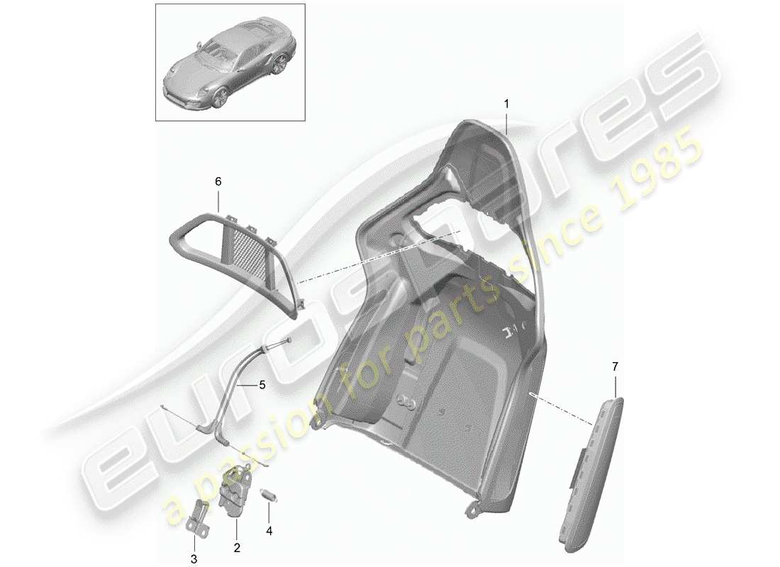 porsche 991 turbo (2020) backrest shell part diagram