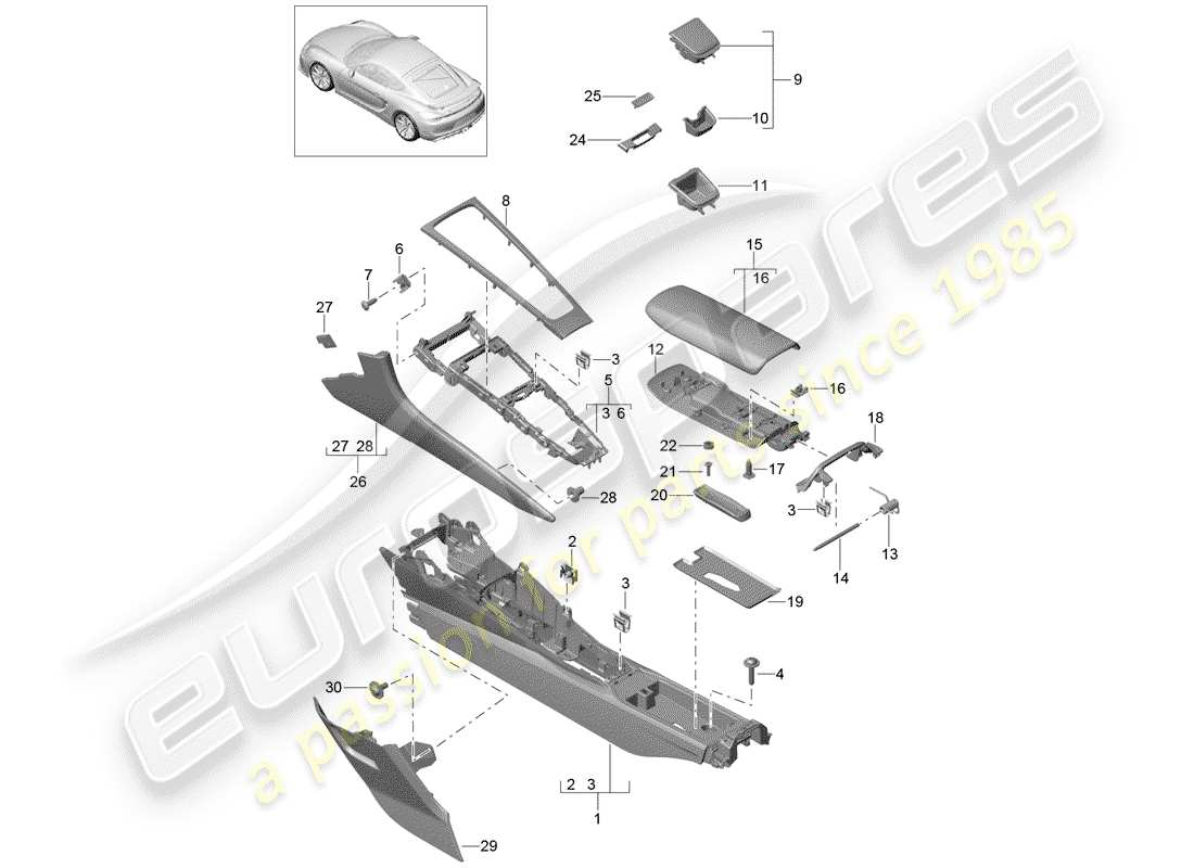 porsche cayman gt4 (2016) center console parts diagram