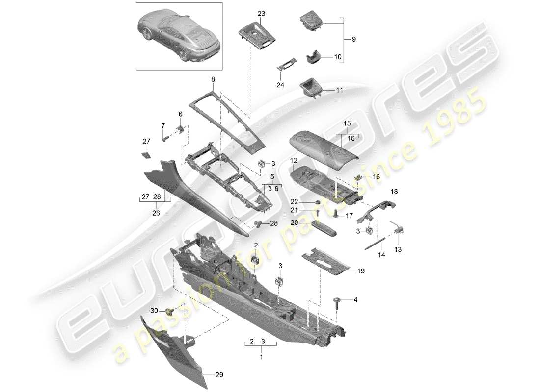 porsche 2019 (991-2 turbo) center console part diagram