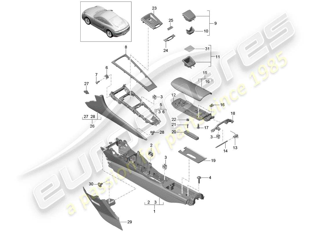 porsche cayman 981 (2014) center console part diagram