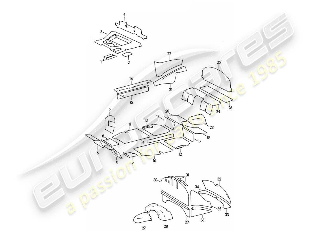 porsche 1962 (356b/356c) body shell - damping mat part diagram