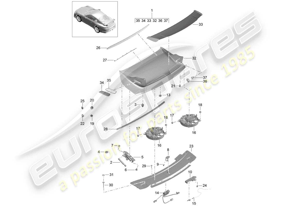 porsche 2018 (991-2 r/gt3/rs) rear spoiler part diagram