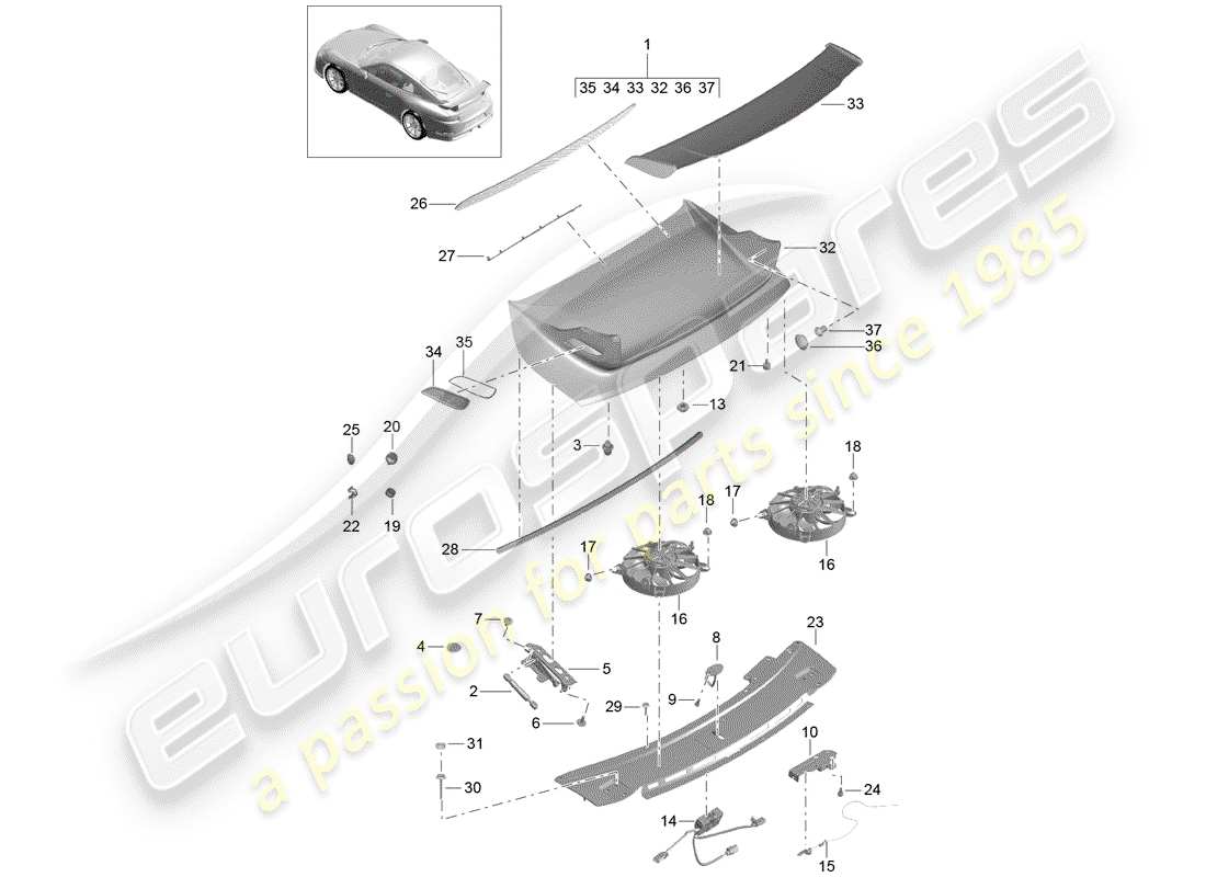 porsche 991r/gt3/rs (2018) rear spoiler part diagram