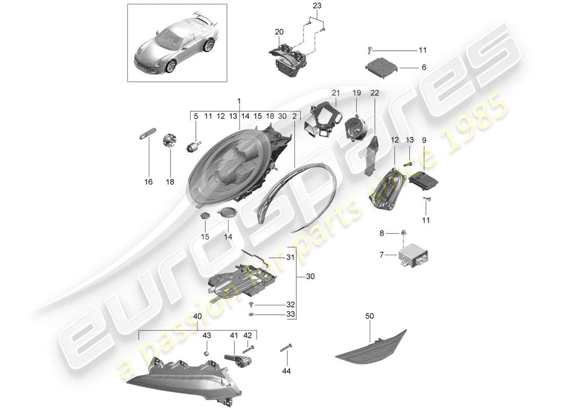 porsche 2020 (991-2 r/gt3/rs) led headlight part diagram