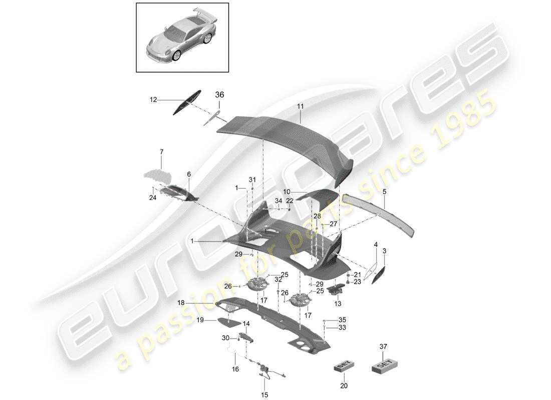porsche 991r/gt3/rs (2018) rear trunk lid part diagram
