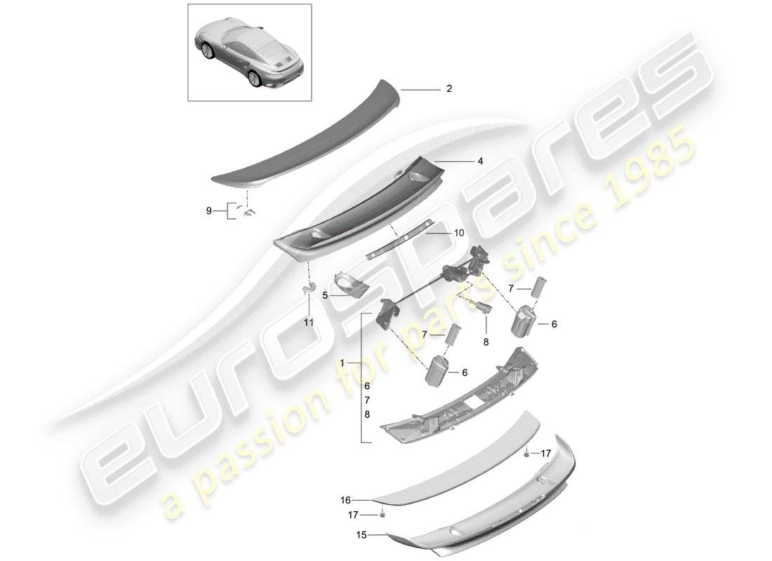 porsche 2016 (991-1 turbo) rear spoiler part diagram